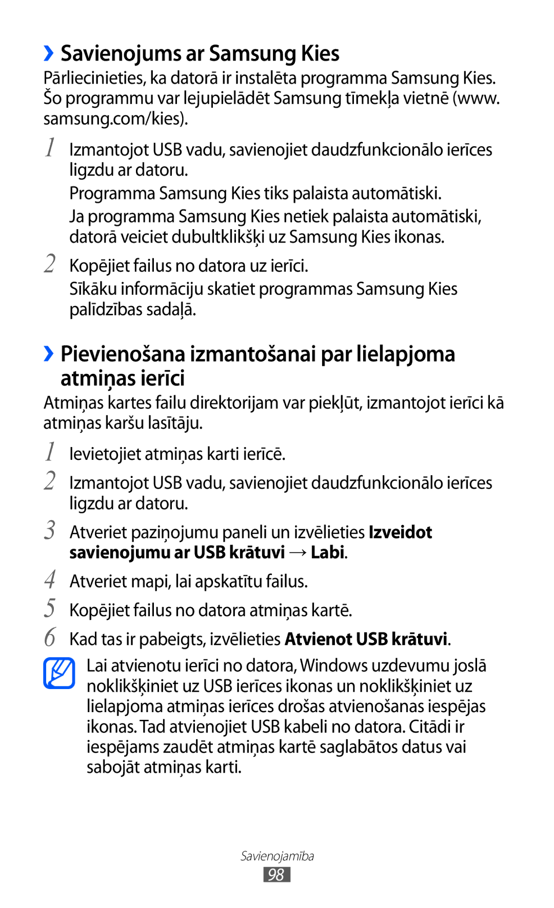 Samsung GT-S5690KOASEB manual ››Savienojums ar Samsung Kies, ››Pievienošana izmantošanai par lielapjoma atmiņas ierīci 