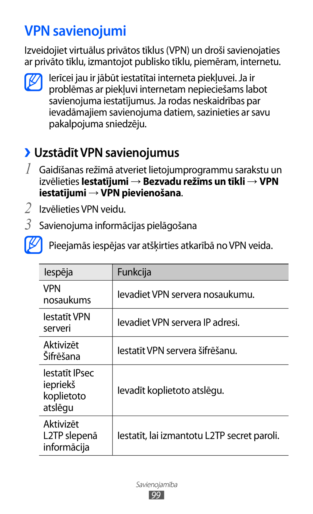 Samsung GT-S5690KOASEB manual VPN savienojumi, ››Uzstādīt VPN savienojumus, Ievadiet VPN servera nosaukumu, Nosaukums 