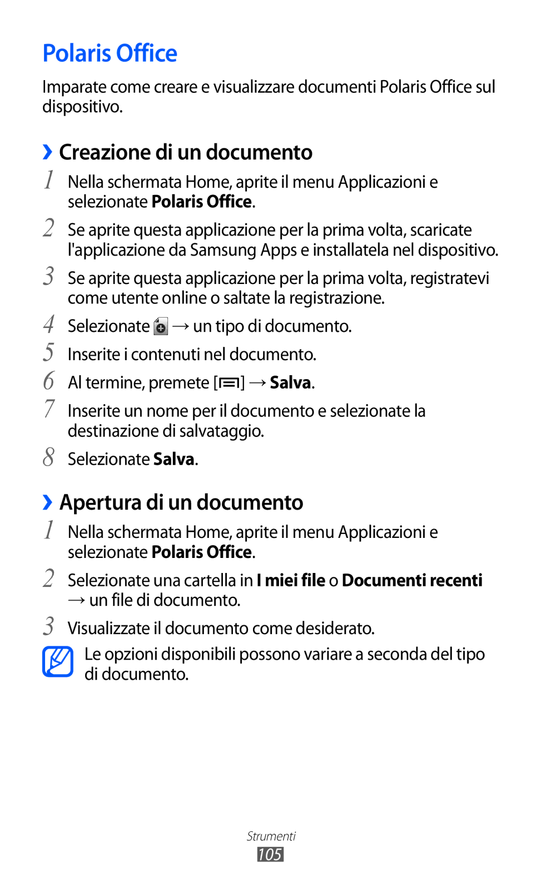 Samsung GT-S5690TAATIM, GT-S5690TAAWIN manual Polaris Office, ››Creazione di un documento, ››Apertura di un documento 