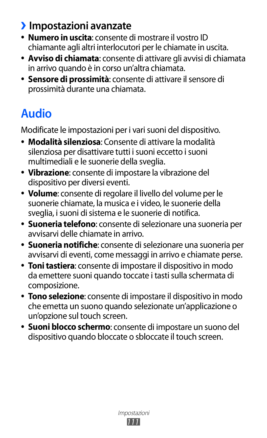 Samsung GT-S5690KOAWIN manual Audio, ››Impostazioni avanzate, Modificate le impostazioni per i vari suoni del dispositivo 