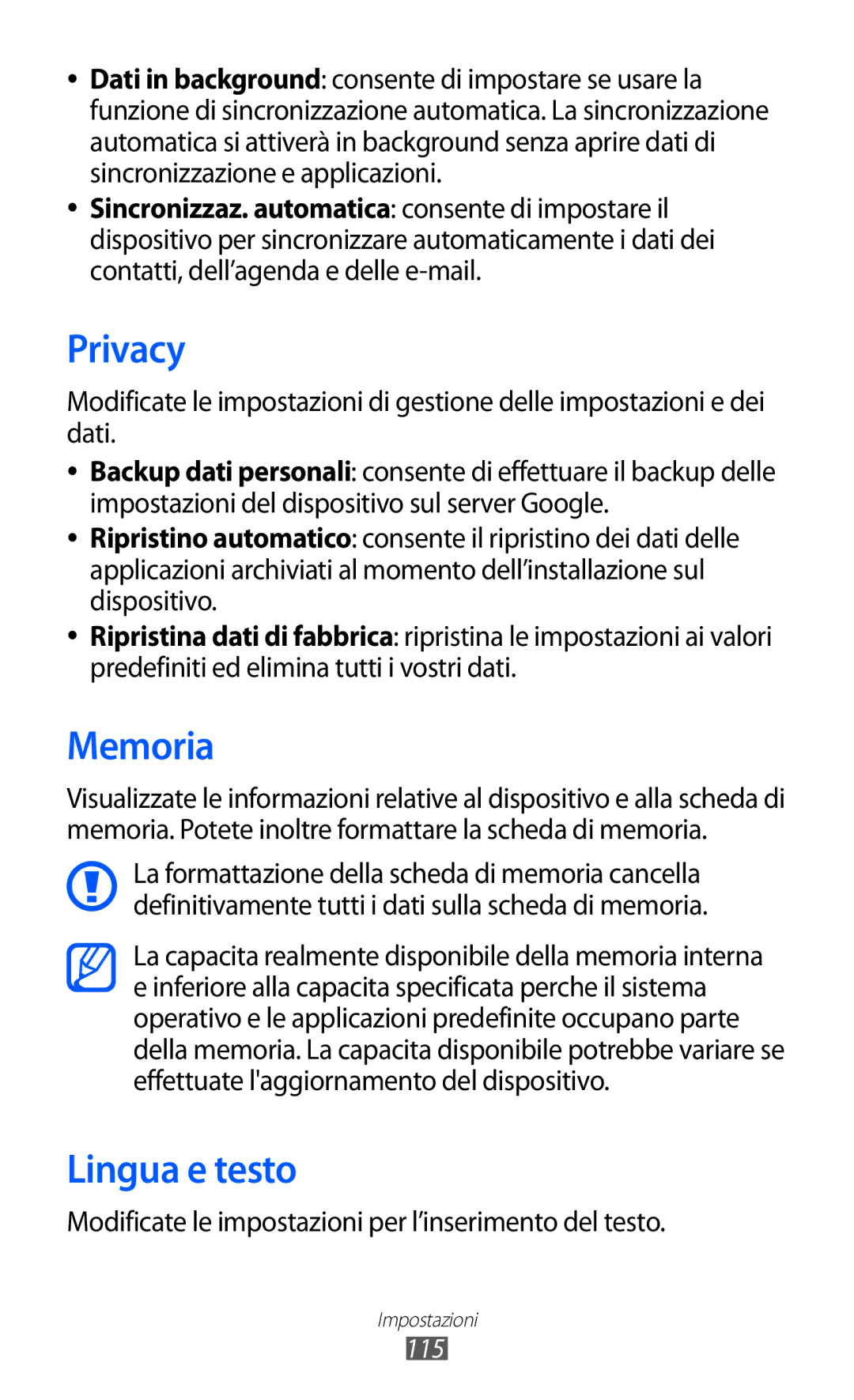 Samsung GT-S5690KOATIM manual Privacy, Memoria, Lingua e testo, Modificate le impostazioni per l’inserimento del testo 