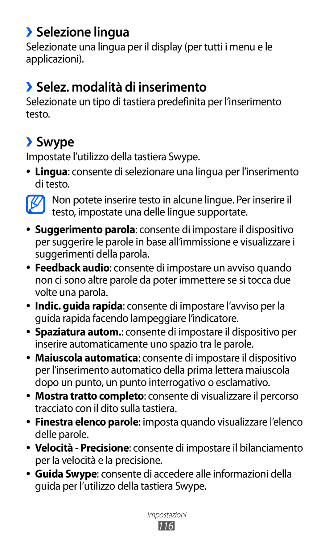 Samsung GT-S5690KOAITV, GT-S5690TAATIM, GT-S5690TAAWIN manual ››Selezione lingua, ››Selez. modalità di inserimento, ››Swype 