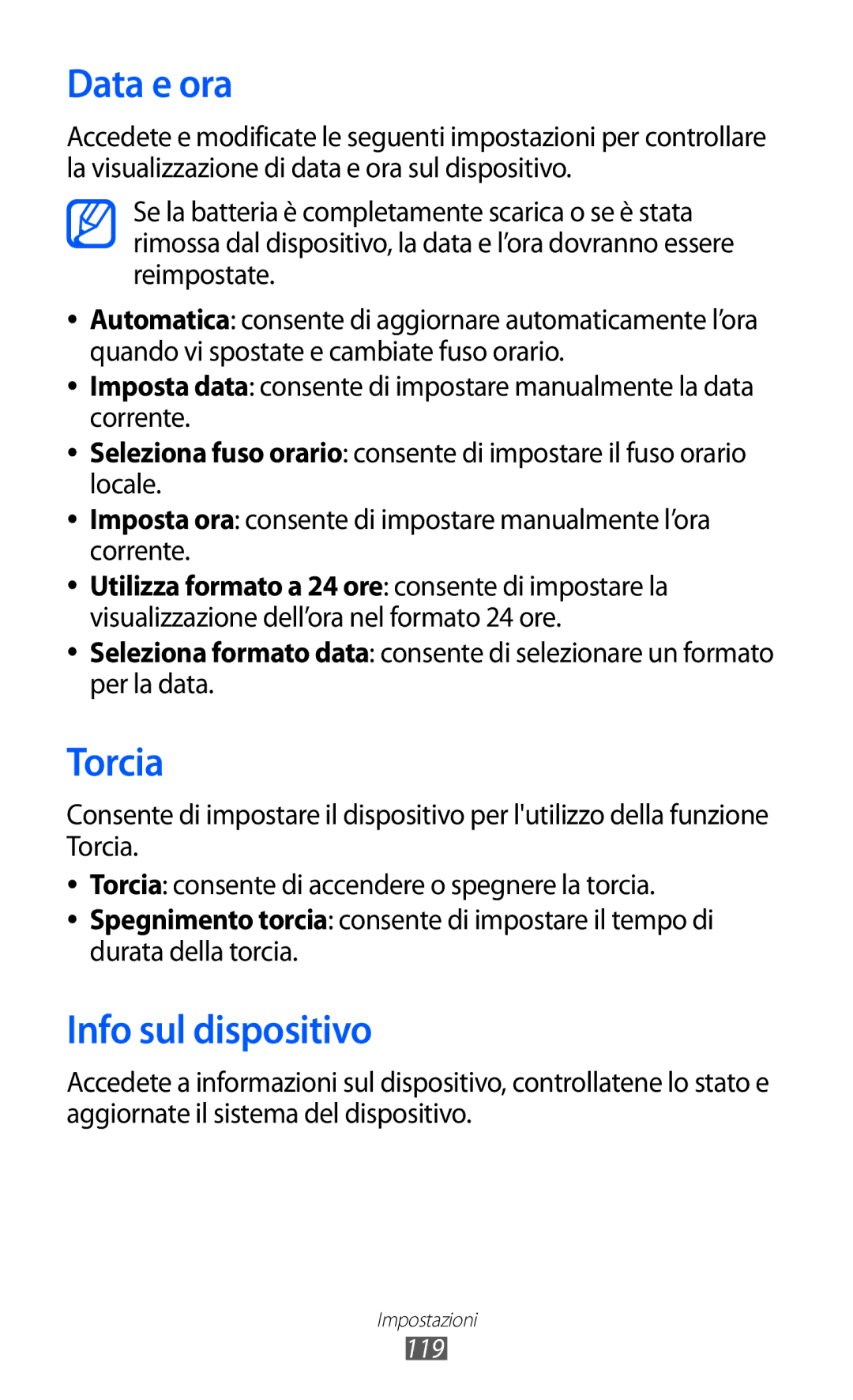 Samsung GT-S5690TAATIM, GT-S5690TAAWIN, GT-S5690TAAITV, GT-S5690KOATIM manual Data e ora, Torcia, Info sul dispositivo 