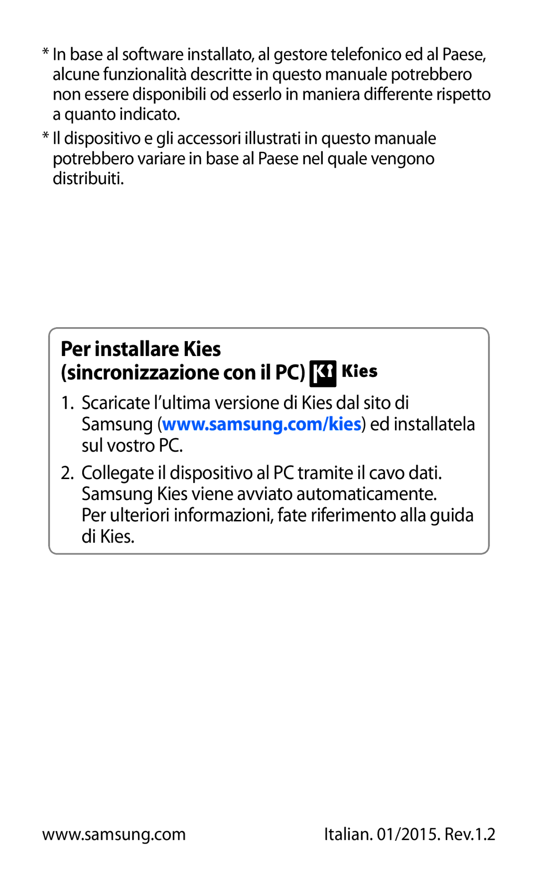 Samsung GT-S5690KOAITV, GT-S5690TAATIM, GT-S5690TAAWIN, GT-S5690TAAITV manual Per installare Kies sincronizzazione con il PC 