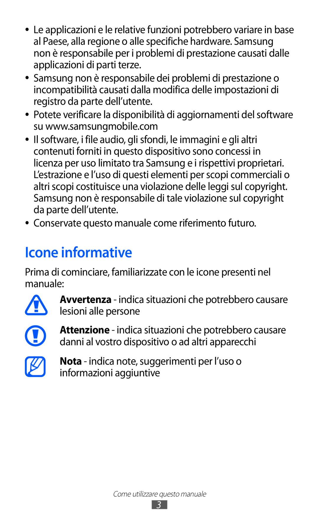 Samsung GT-S5690KOATIM, GT-S5690TAATIM, GT-S5690TAAWIN Icone informative, Conservate questo manuale come riferimento futuro 