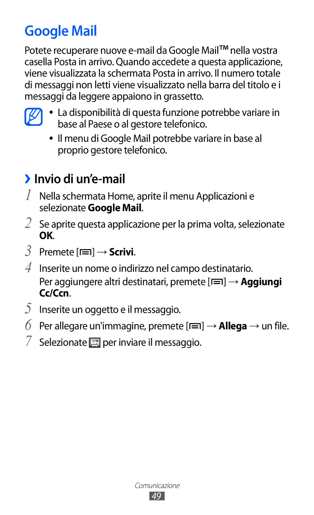 Samsung GT-S5690TAATIM, GT-S5690TAAWIN, GT-S5690TAAITV, GT-S5690KOATIM, GT-S5690KOAITV manual Google Mail, ››Invio di un’e-mail 