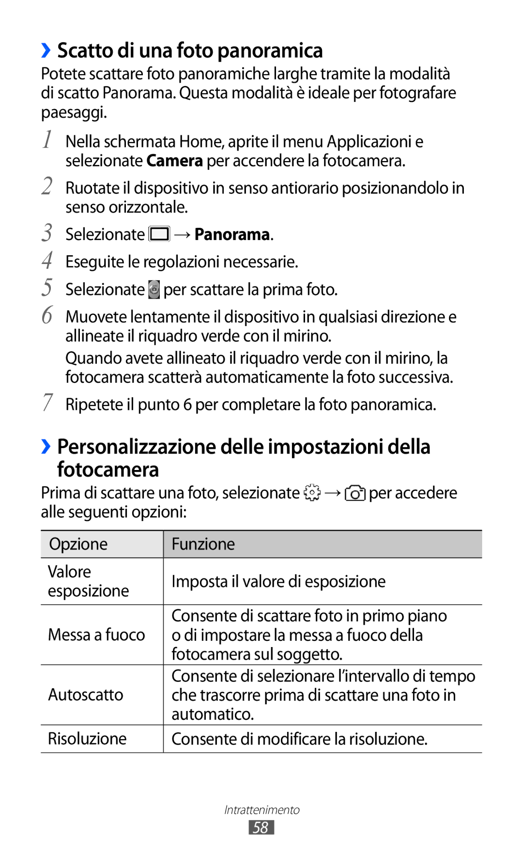 Samsung GT-S5690TAAITV manual ››Scatto di una foto panoramica, ››Personalizzazione delle impostazioni della fotocamera 