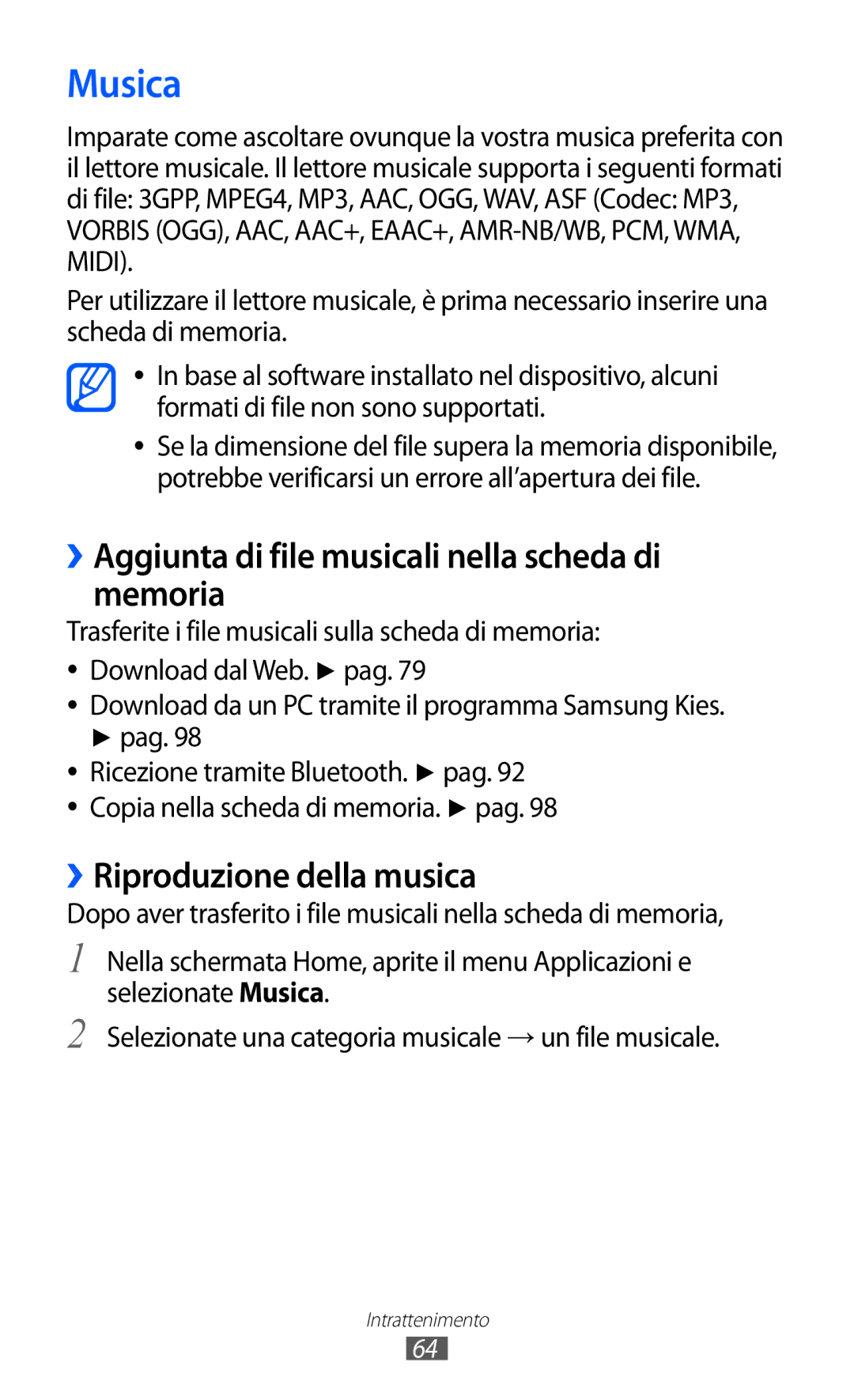 Samsung GT-S5690TAAWIN manual Musica, ››Aggiunta di file musicali nella scheda di memoria, ››Riproduzione della musica 