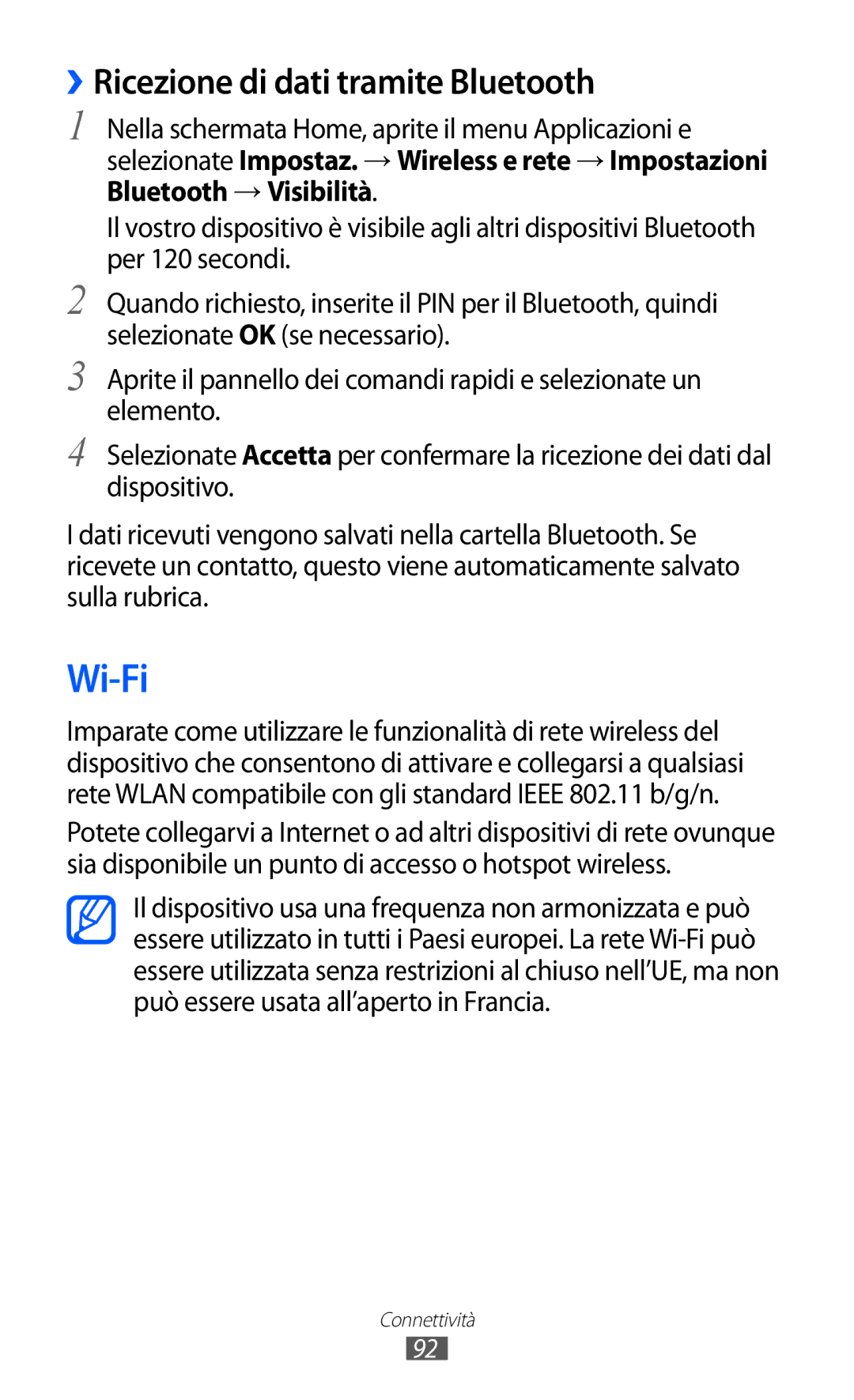 Samsung GT-S5690TAAWIN, GT-S5690TAATIM, GT-S5690TAAITV, GT-S5690KOATIM manual Wi-Fi, ››Ricezione di dati tramite Bluetooth 