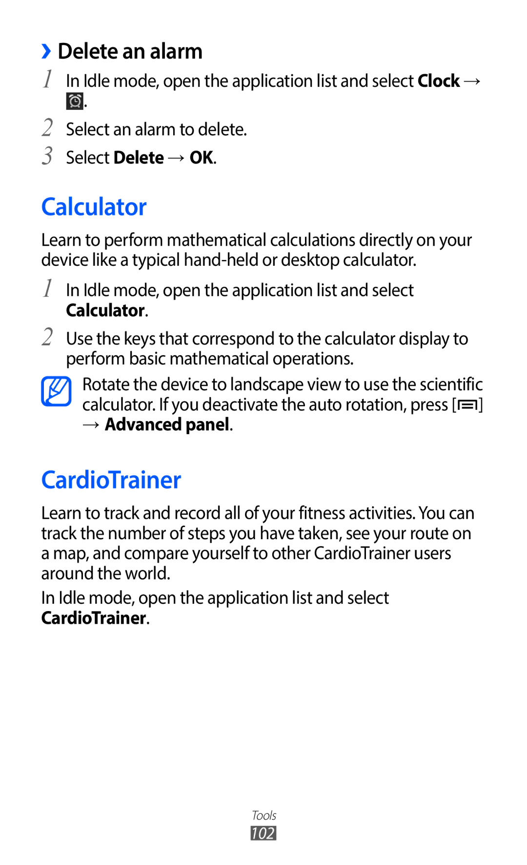 Samsung GT-S5690TAAVIA, GT-S5690KOADBT Calculator, CardioTrainer, ››Delete an alarm, Select Delete → OK, → Advanced panel 