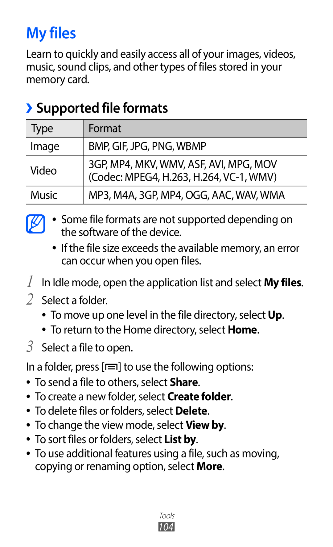 Samsung GT-S5690TAADTM, GT-S5690TAAVIA, GT-S5690KOADBT, GT-S5690TAADBT, GT-S5690KOADTM, GT-S5690TAATMN manual My files, Music 