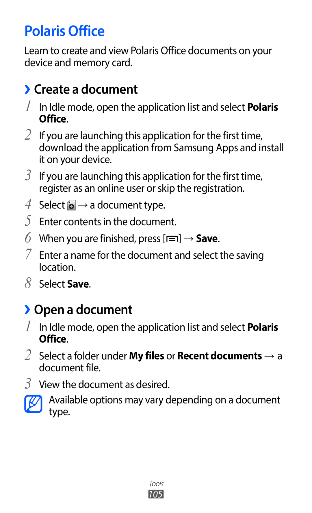 Samsung GT-S5690TAADBT, GT-S5690TAAVIA, GT-S5690KOADBT manual Polaris Office, ››Create a document, ››Open a document 