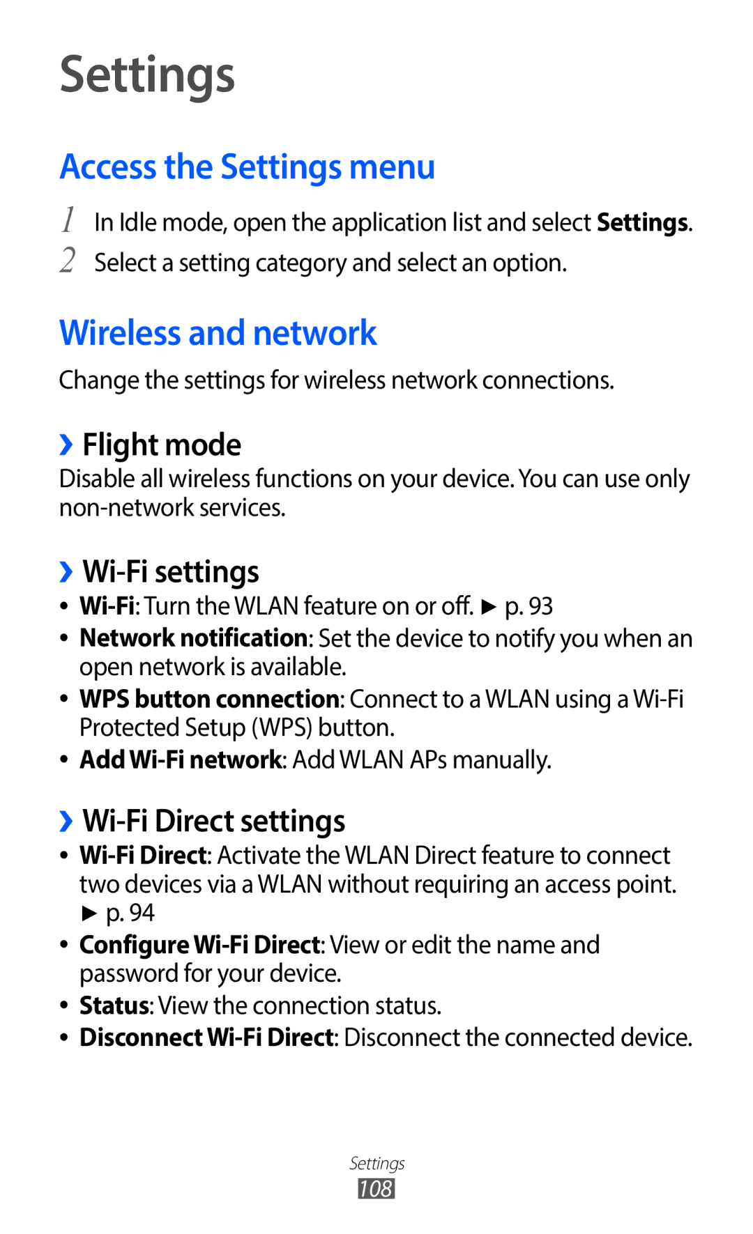 Samsung GT-S5690KOAATO, GT-S5690TAAVIA, GT-S5690KOADBT, GT-S5690TAADTM Access the Settings menu, Wireless and network 