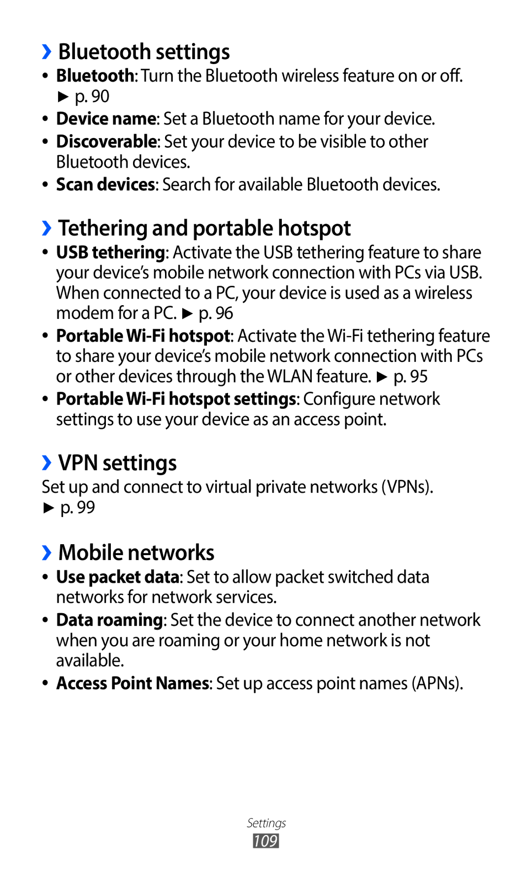 Samsung GT-S5690KOAEPL manual ››Bluetooth settings, ››Tethering and portable hotspot, ››VPN settings, ››Mobile networks 