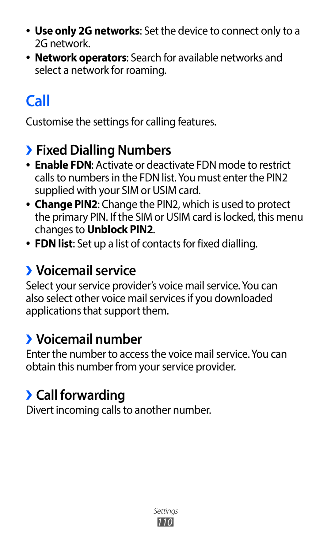 Samsung GT-S5690TAAORC manual ››Fixed Dialling Numbers, ››Voicemail service, ››Voicemail number, ››Call forwarding 