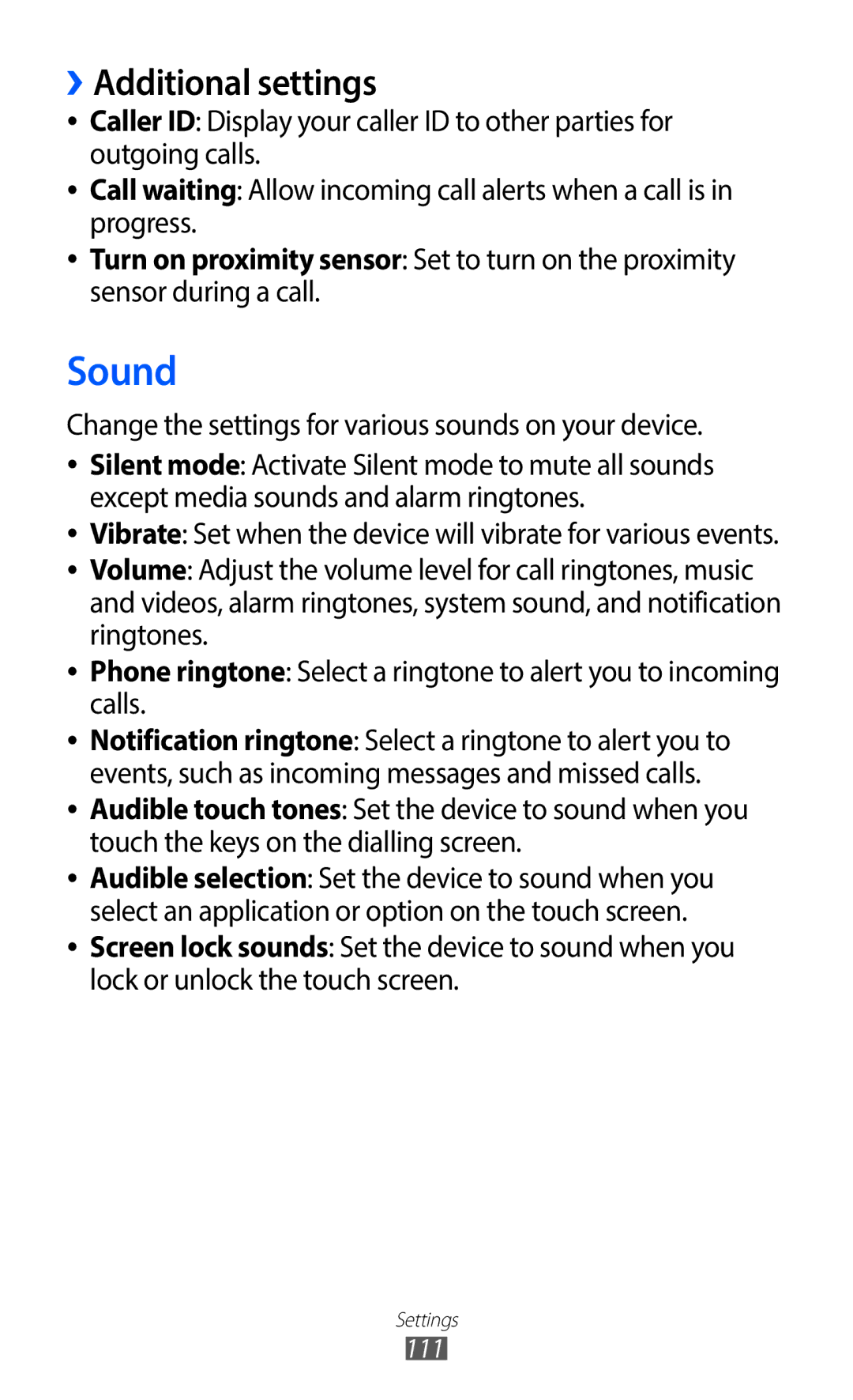 Samsung GT-S5690TAAFTM, GT-S5690TAAVIA Sound, ››Additional settings, Change the settings for various sounds on your device 