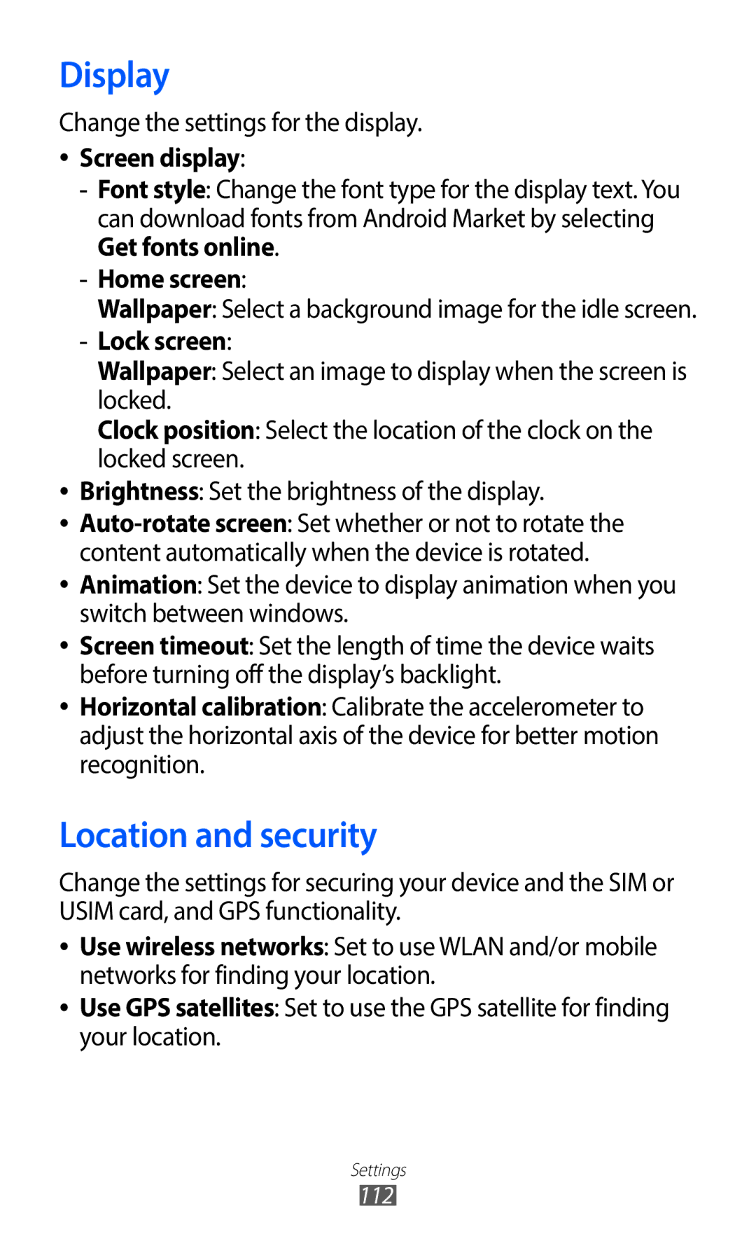 Samsung GT-S5690KOAXEF, GT-S5690TAAVIA manual Display, Location and security, Screen display, Home screen, Lock screen 