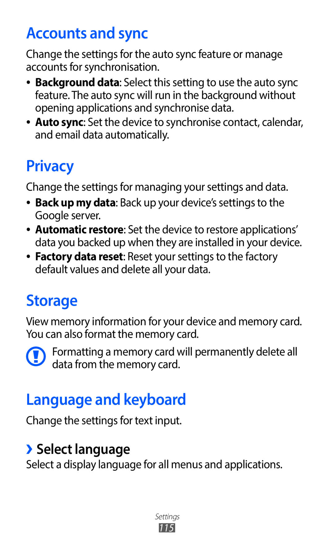 Samsung GT-S5690KOAORC, GT-S5690TAAVIA manual Accounts and sync, Privacy, Storage, Language and keyboard, ››Select language 