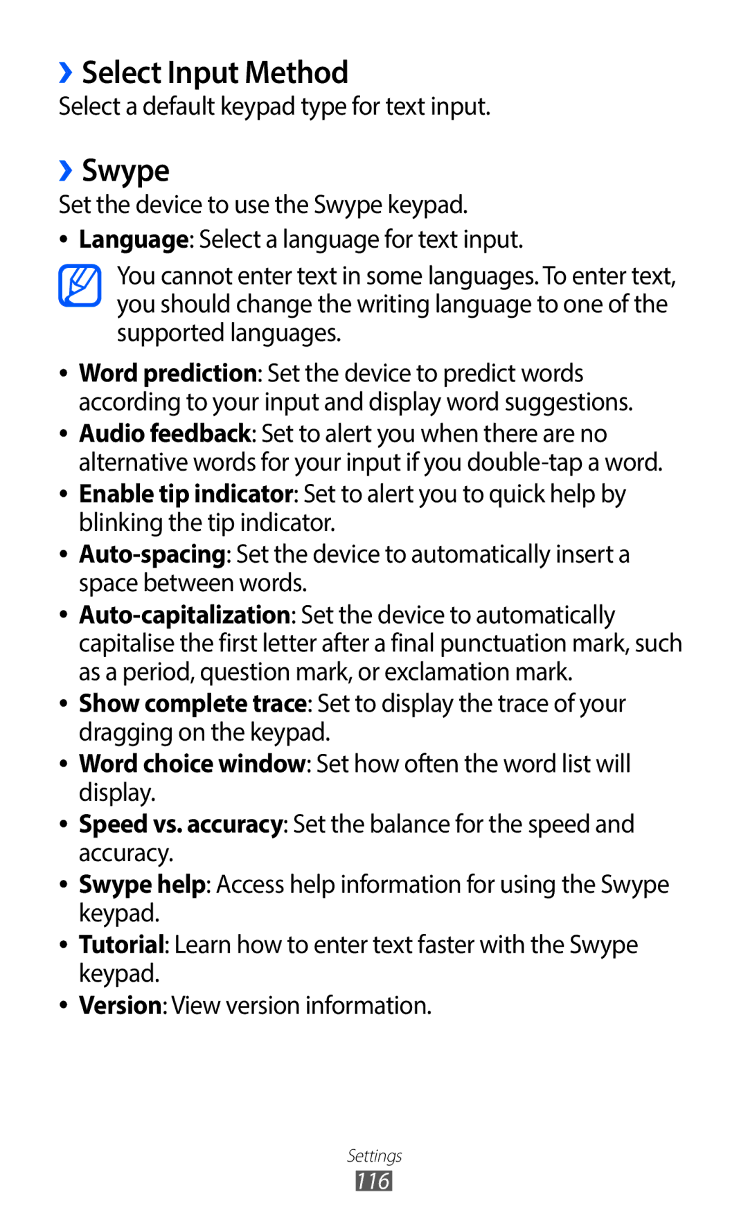 Samsung GT-S5690TAATIM, GT-S5690TAAVIA manual ››Select Input Method, ››Swype, Select a default keypad type for text input 