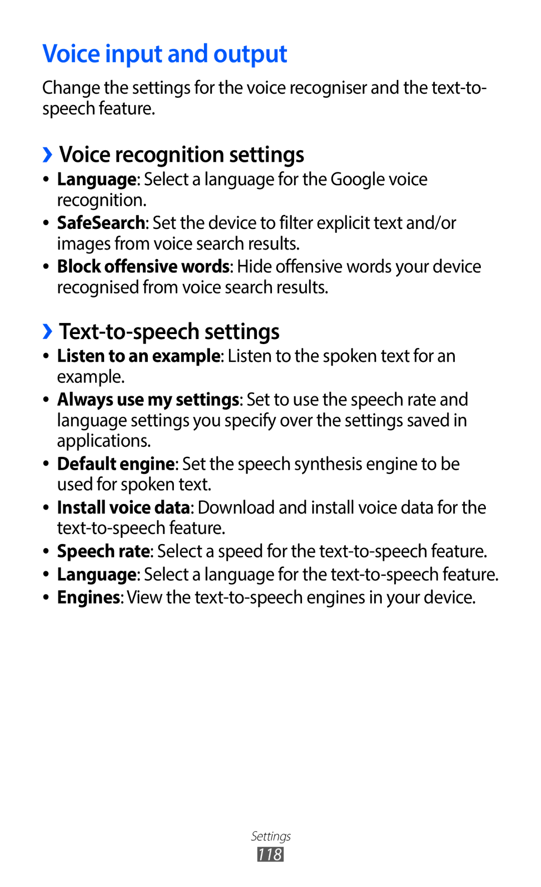 Samsung GT-S5690TAAITV, GT-S5690TAAVIA Voice input and output, ››Voice recognition settings, ››Text-to-speech settings 