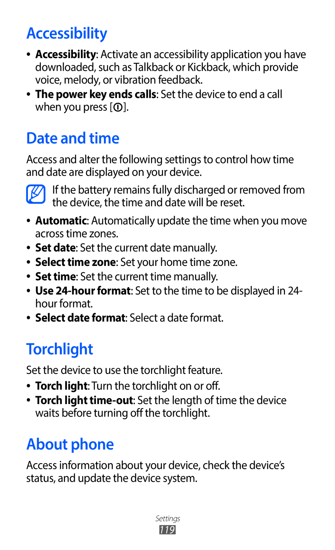 Samsung GT-S5690KOATIM, GT-S5690TAAVIA, GT-S5690KOADBT, GT-S5690TAADTM Accessibility, Date and time, Torchlight, About phone 