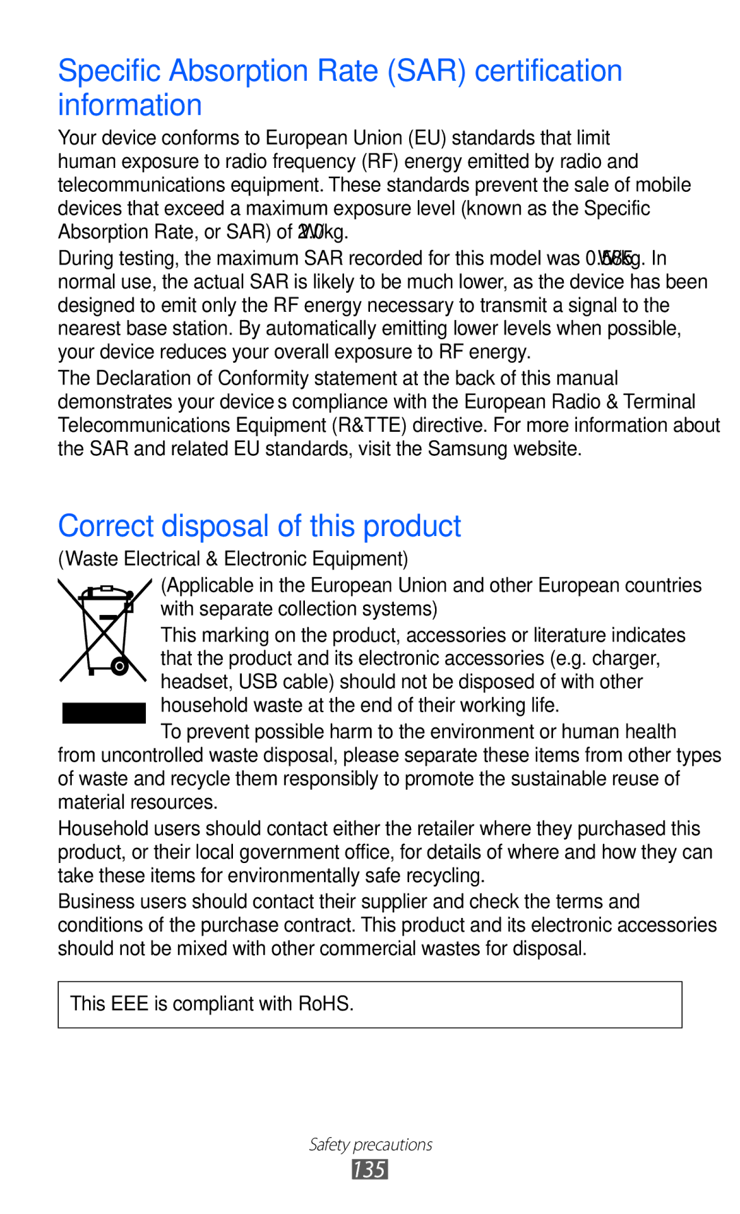 Samsung GT-S5690KOAEUR, GT-S5690TAAVIA, GT-S5690KOADBT manual Specific Absorption Rate SAR certification information 