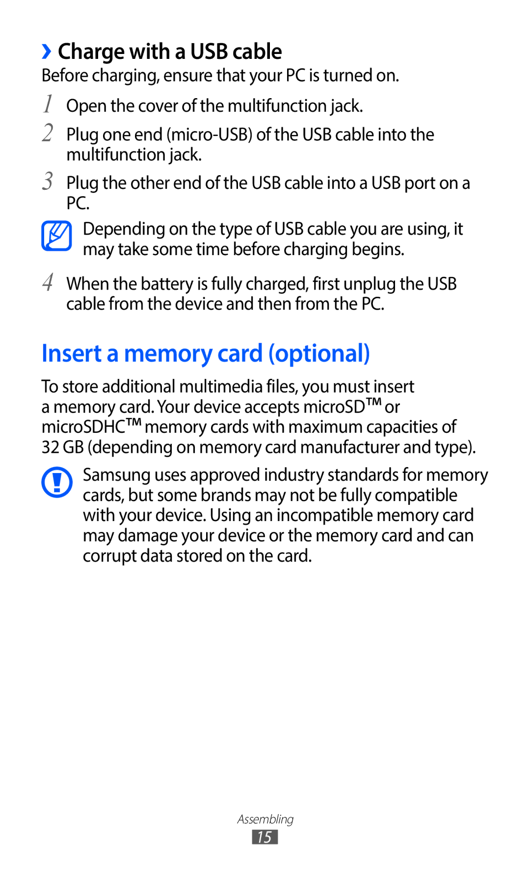 Samsung GT-S5690TAAWIN, GT-S5690TAAVIA, GT-S5690KOADBT manual Insert a memory card optional, ››Charge with a USB cable 