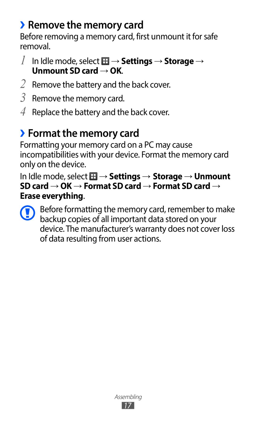 Samsung GT-S5690KOATIM, GT-S5690TAAVIA, GT-S5690KOADBT, GT-S5690TAADTM ››Remove the memory card, ››Format the memory card 