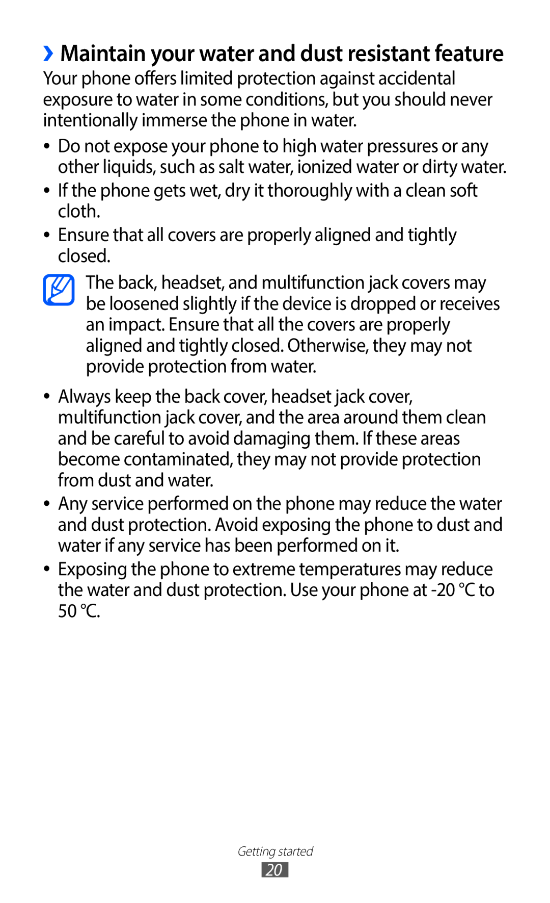 Samsung GT-S5690KOAWIN, GT-S5690TAAVIA, GT-S5690KOADBT, GT-S5690TAADTM manual ››Maintain your water and dust resistant feature 