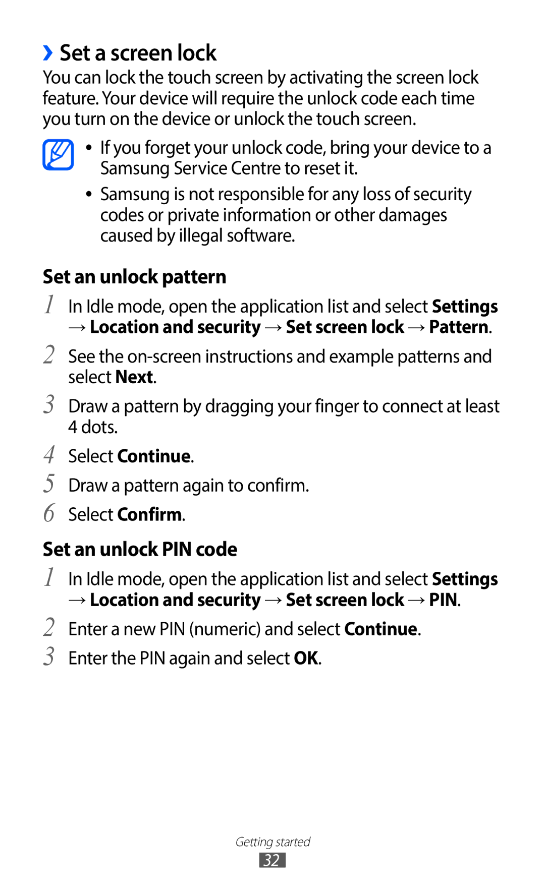 Samsung GT-S5690TAAEUR, GT-S5690TAAVIA, GT-S5690KOADBT ››Set a screen lock, Set an unlock pattern, Set an unlock PIN code 