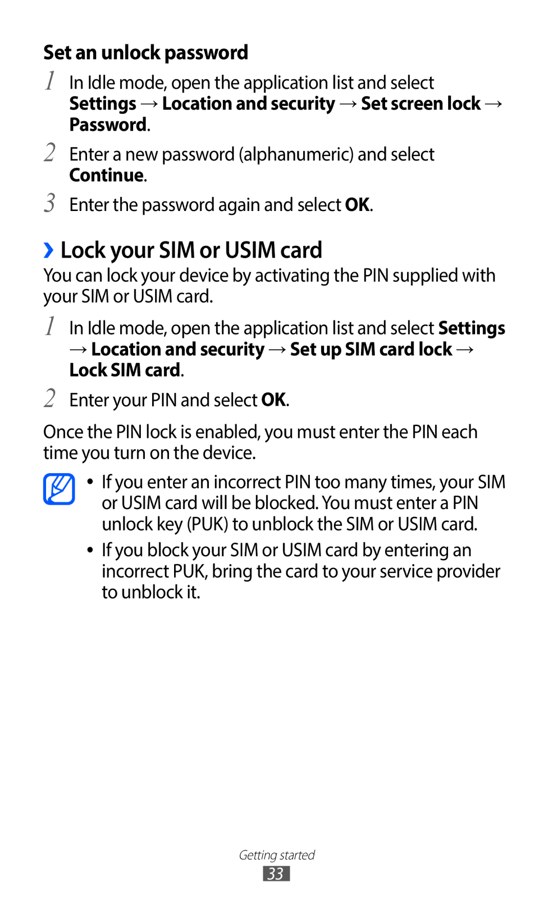 Samsung GT-S5690KOAEUR, GT-S5690TAAVIA, GT-S5690KOADBT, GT-S5690TAADTM ››Lock your SIM or Usim card, Set an unlock password 