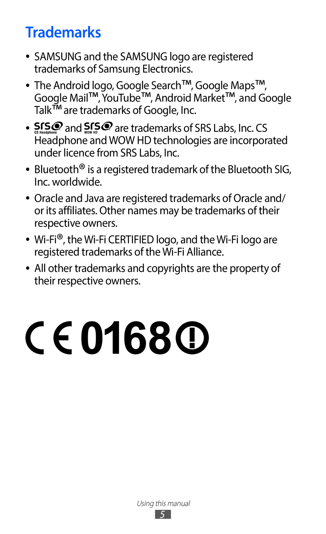 Samsung GT-S5690TAATMN, GT-S5690TAAVIA, GT-S5690KOADBT, GT-S5690TAADTM, GT-S5690TAADBT, GT-S5690KOADTM manual Trademarks 