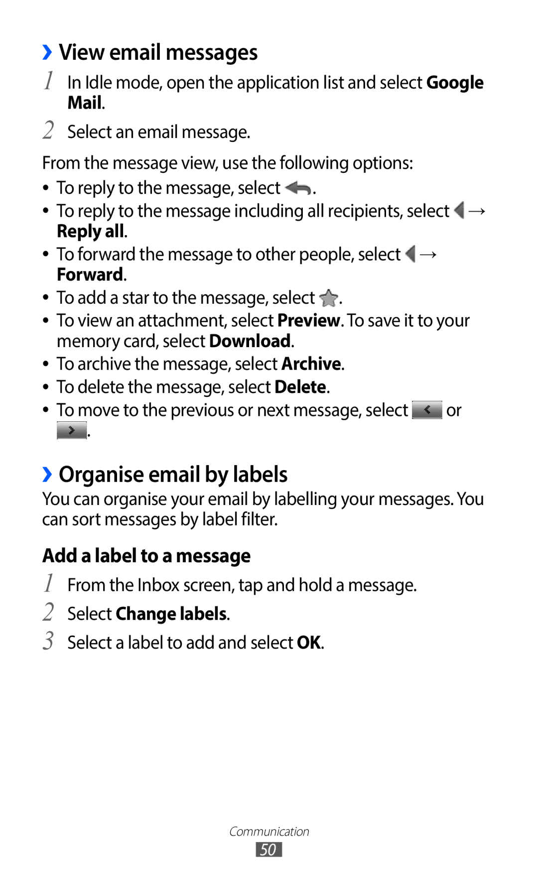 Samsung GT-S5690KOAMGF, GT-S5690TAAVIA ››View email messages, ››Organise email by labels, Add a label to a message, Mail 