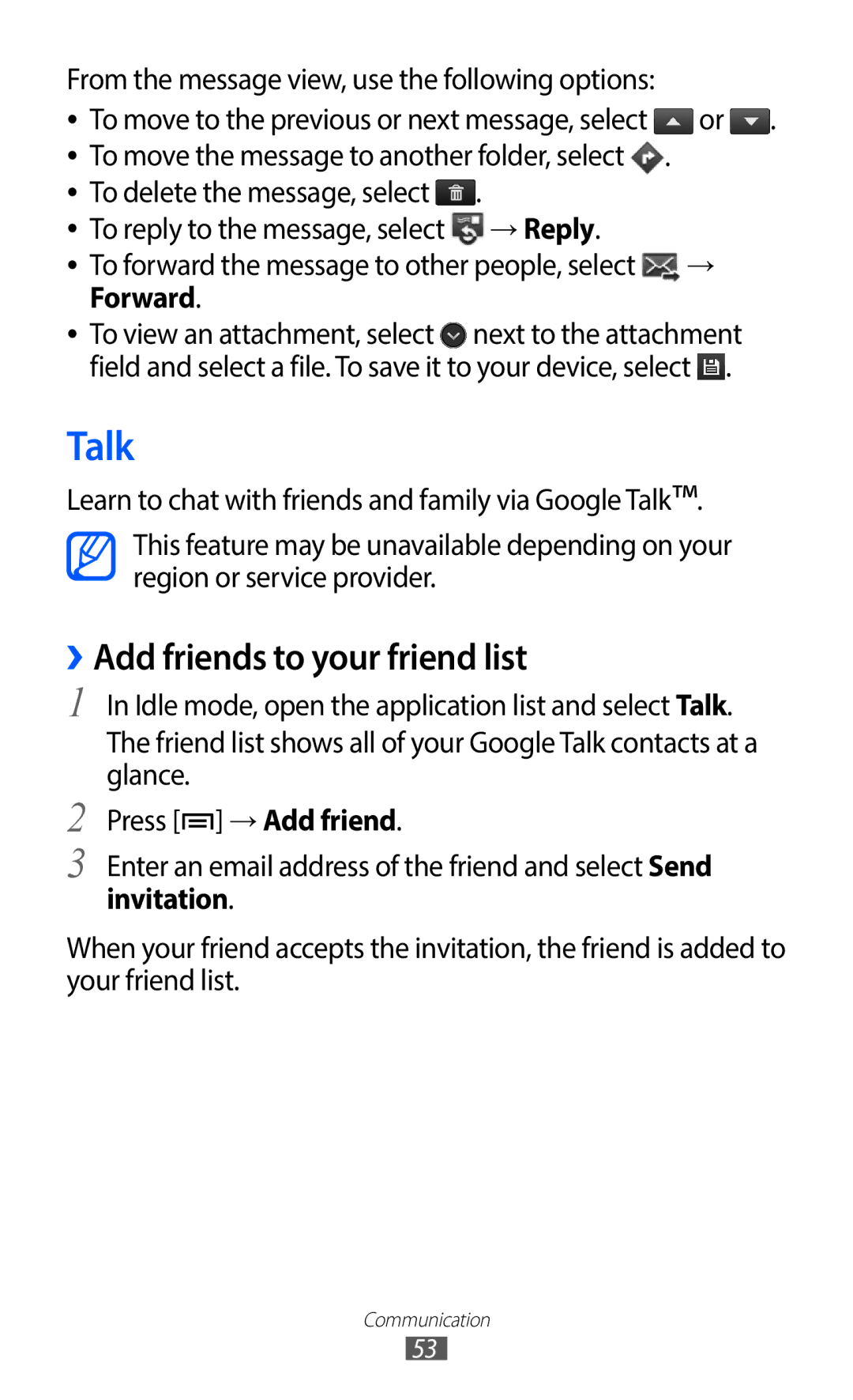 Samsung GT-S5690TAADTM, GT-S5690TAAVIA, GT-S5690KOADBT manual Talk, ››Add friends to your friend list, → Reply, Forward 