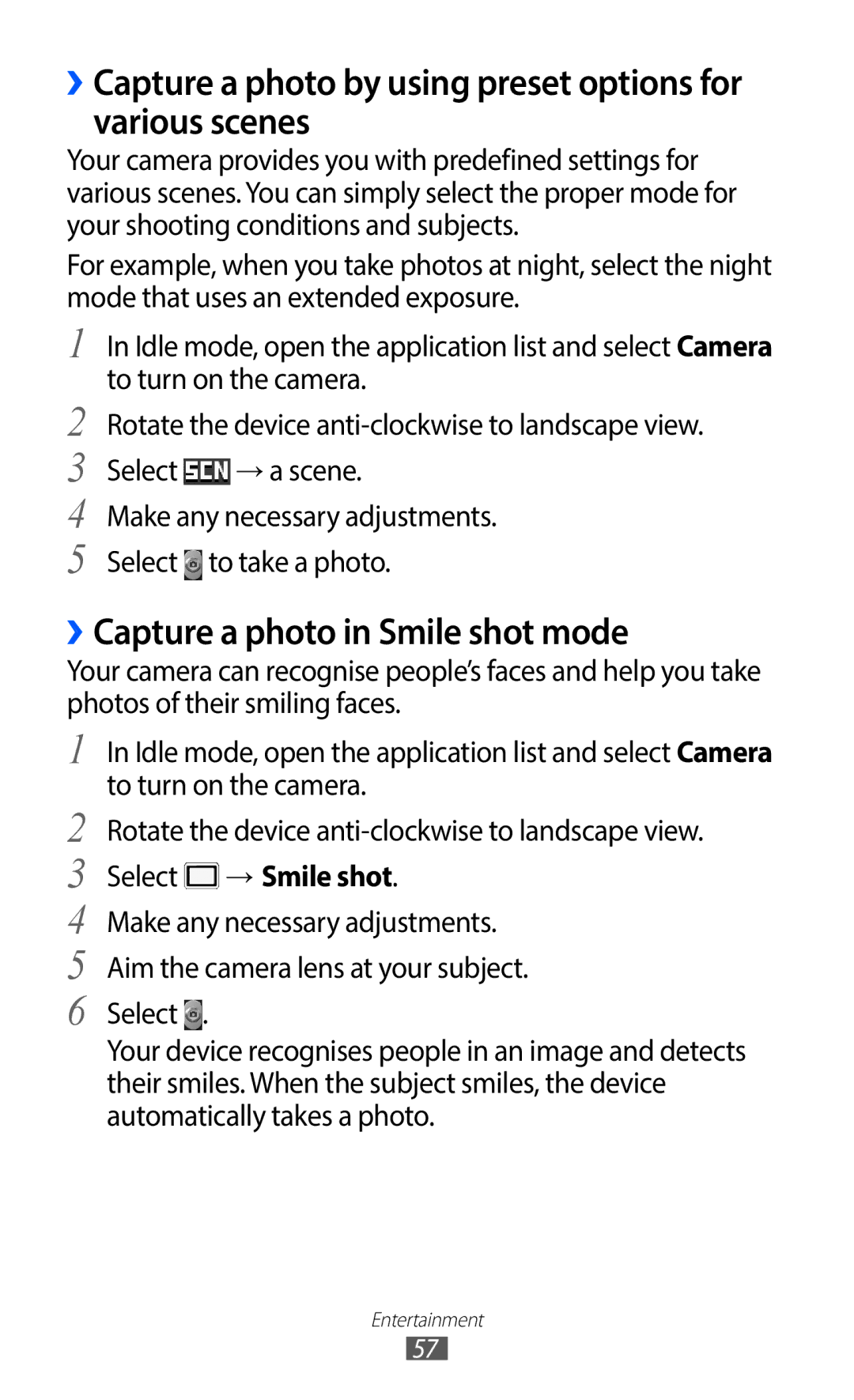 Samsung GT-S5690KOAATO, GT-S5690TAAVIA, GT-S5690KOADBT manual ››Capture a photo in Smile shot mode, Select → Smile shot 