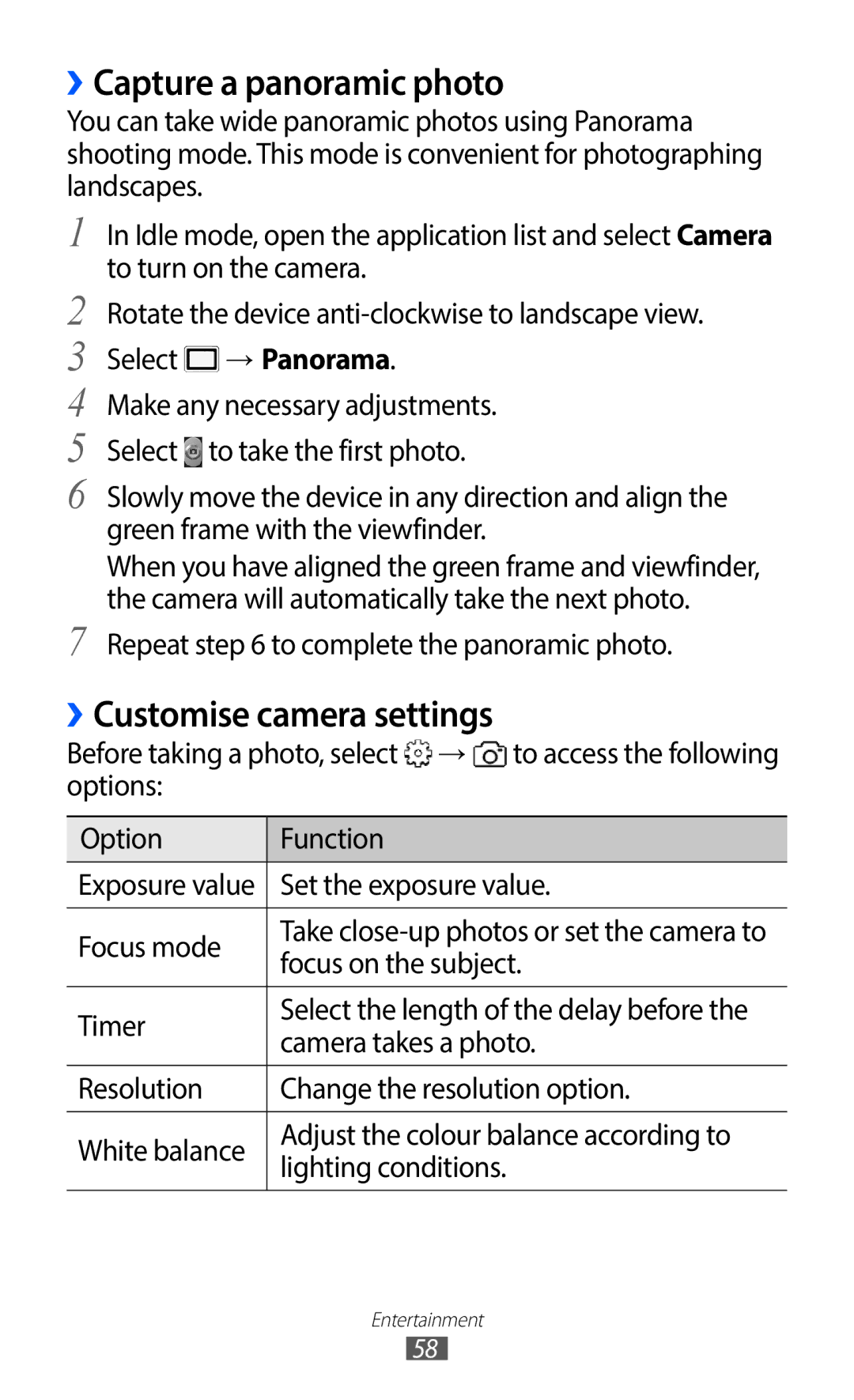 Samsung GT-S5690KOAEPL, GT-S5690TAAVIA, GT-S5690KOADBT manual ››Capture a panoramic photo, ››Customise camera settings 