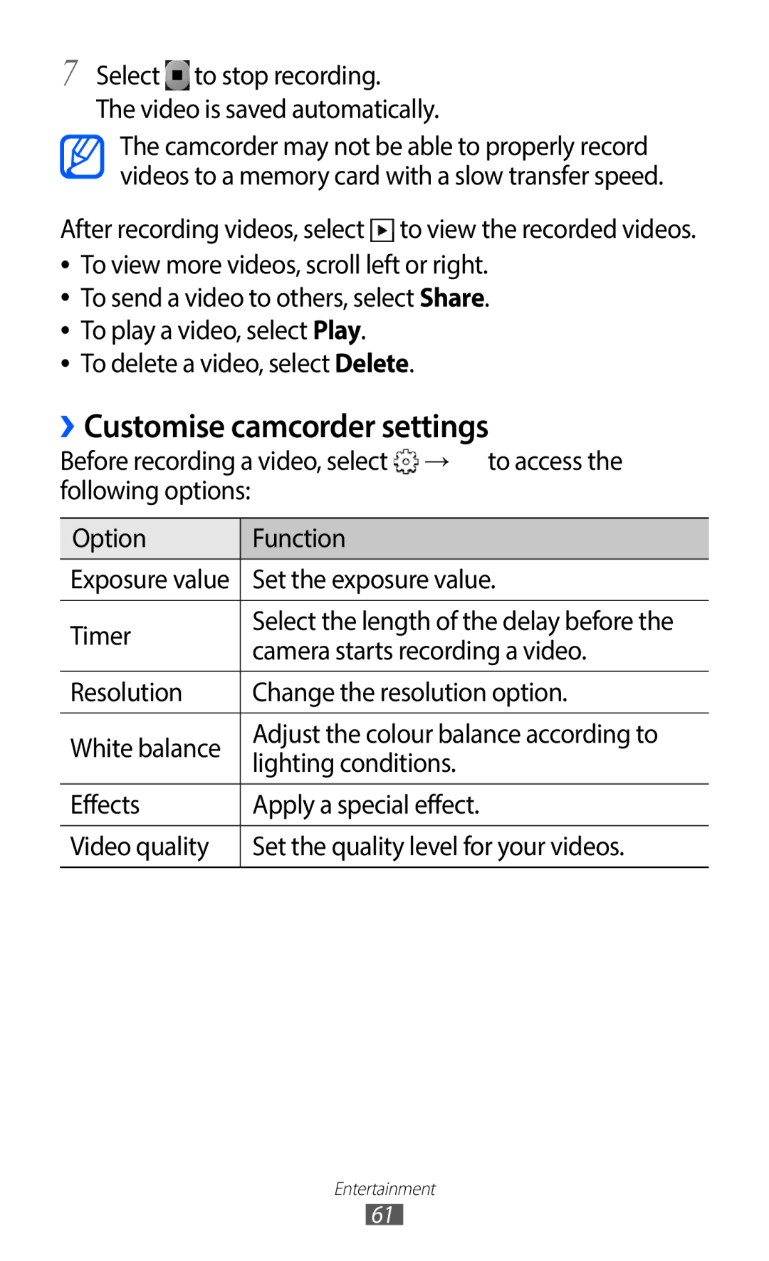 Samsung GT-S5690KOAXEF manual ››Customise camcorder settings, Select to stop recording Video is saved automatically 