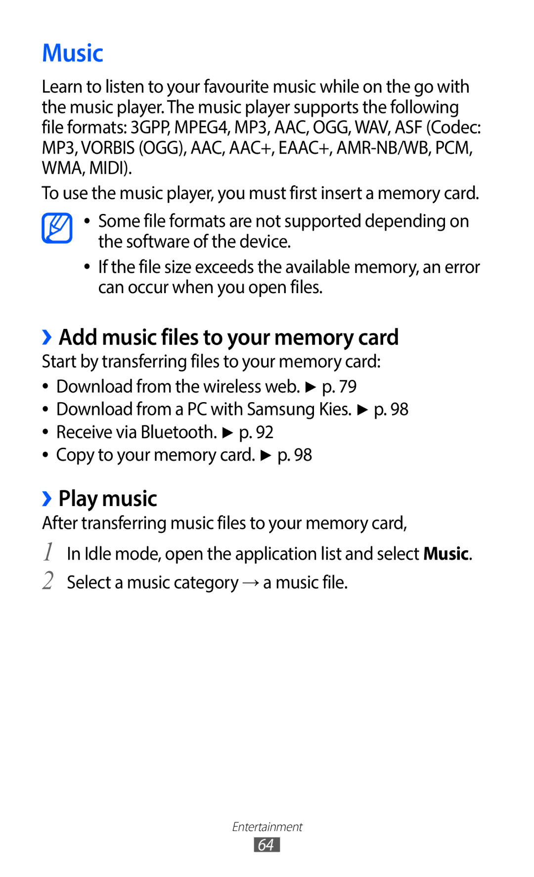 Samsung GT-S5690KOAORC, GT-S5690TAAVIA, GT-S5690KOADBT manual Music, ››Add music files to your memory card, ››Play music 