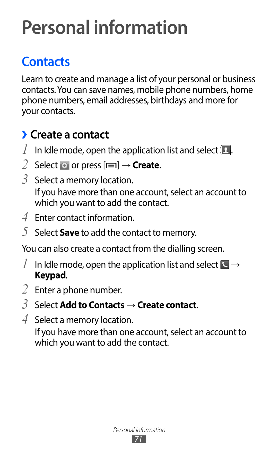 Samsung GT-S5690KOAWIN manual Personal information, ››Create a contact, Select Add to Contacts → Create contact 