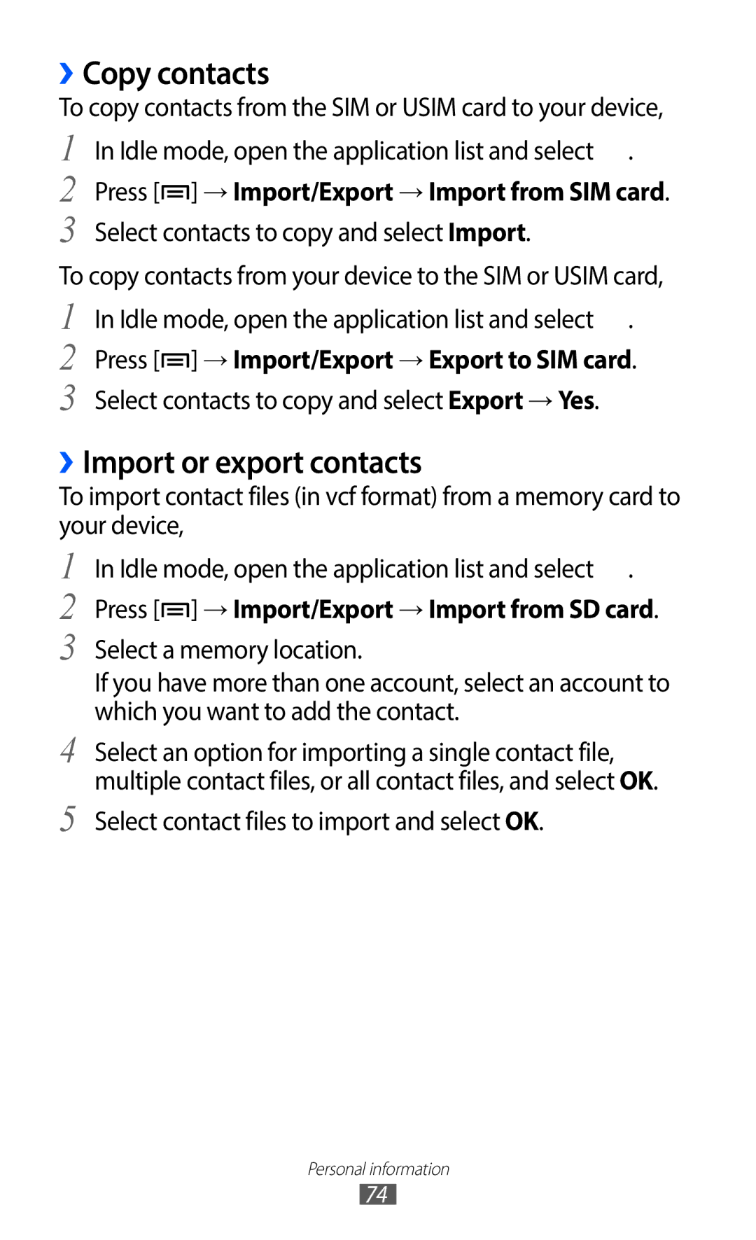 Samsung GT-S5690KOAXEZ manual ››Copy contacts, ››Import or export contacts, Press → Import/Export → Export to SIM card 