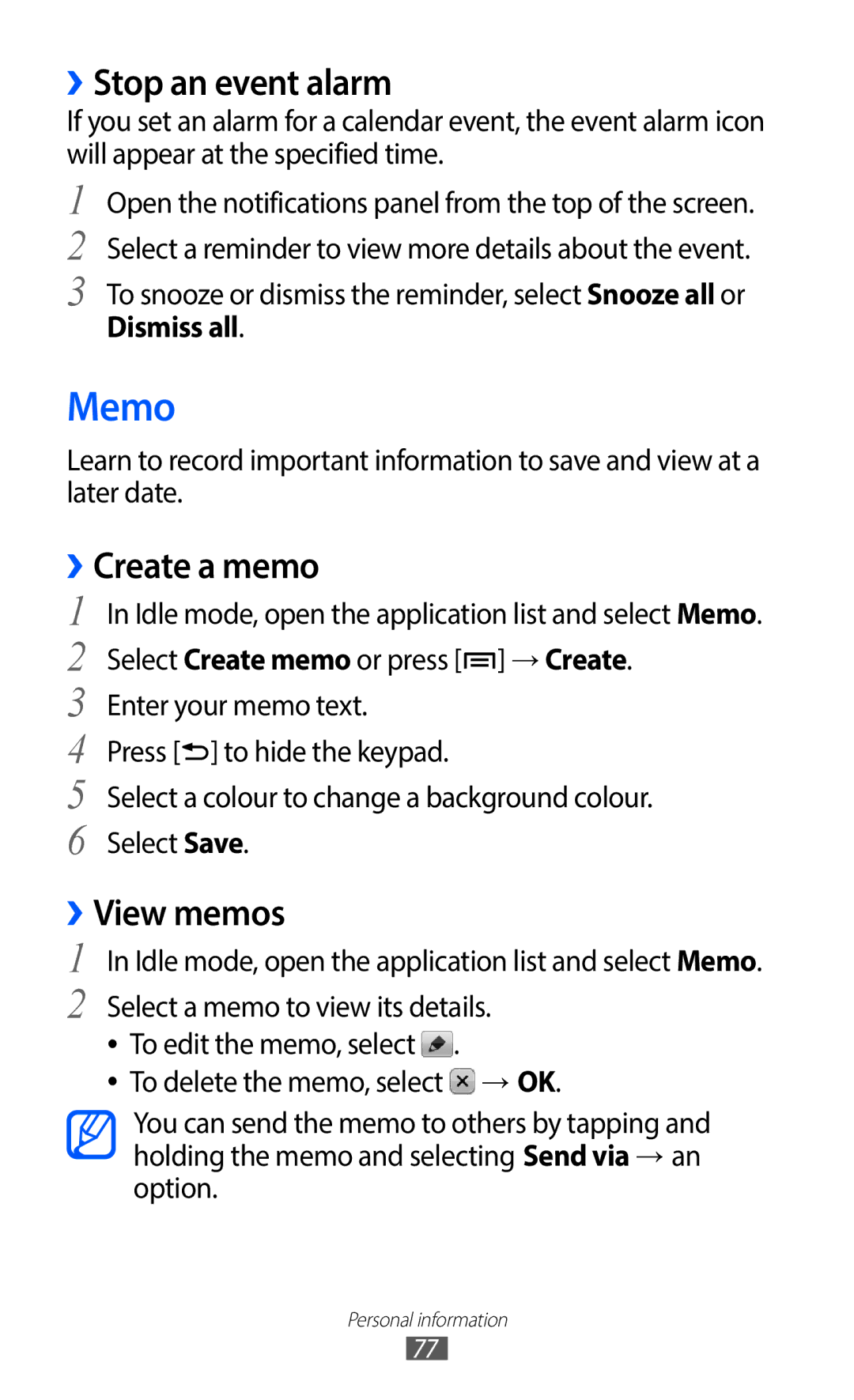 Samsung GT-S5690KOAXSK, GT-S5690TAAVIA manual Memo, ››Stop an event alarm, ››Create a memo, ››View memos, Dismiss all 