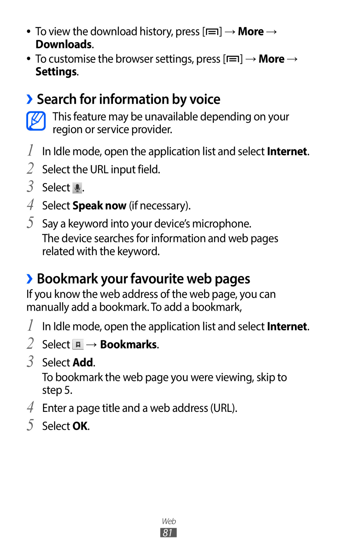 Samsung GT-S5690TAANEE manual ››Search for information by voice, ››Bookmark your favourite web pages, Select → Bookmarks 
