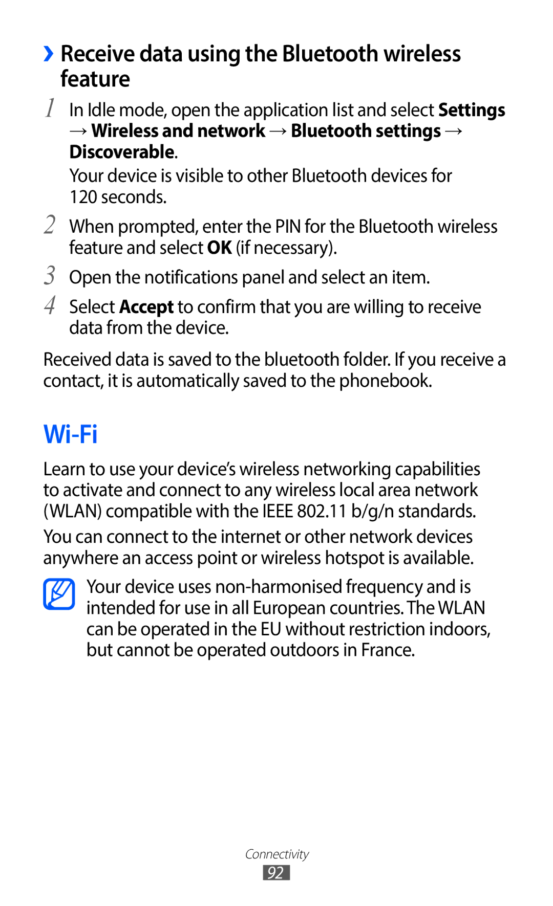 Samsung GT-S5690KOAPAN, GT-S5690TAAVIA, GT-S5690KOADBT manual Wi-Fi, ››Receive data using the Bluetooth wireless feature 