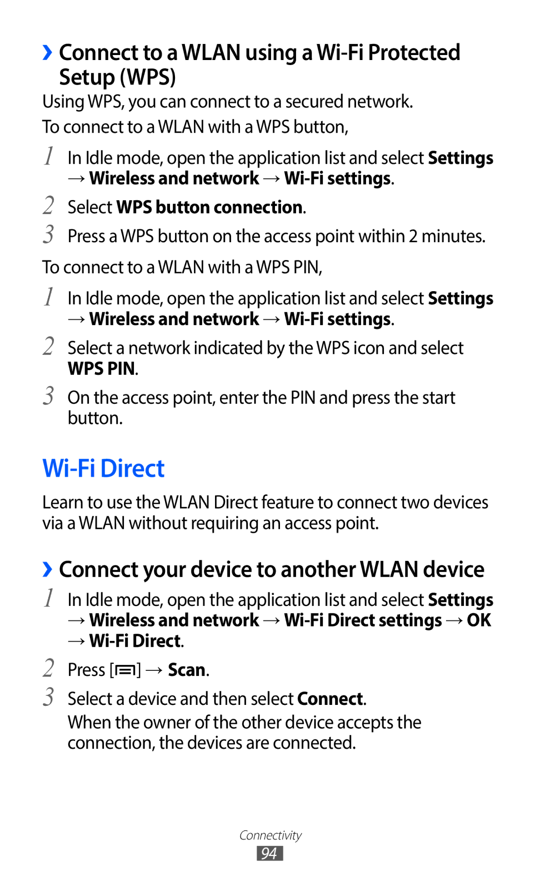 Samsung GT-S5690TAAPAN, GT-S5690TAAVIA manual Setup WPS, ››Connect your device to another Wlan device, → Wi-Fi Direct 