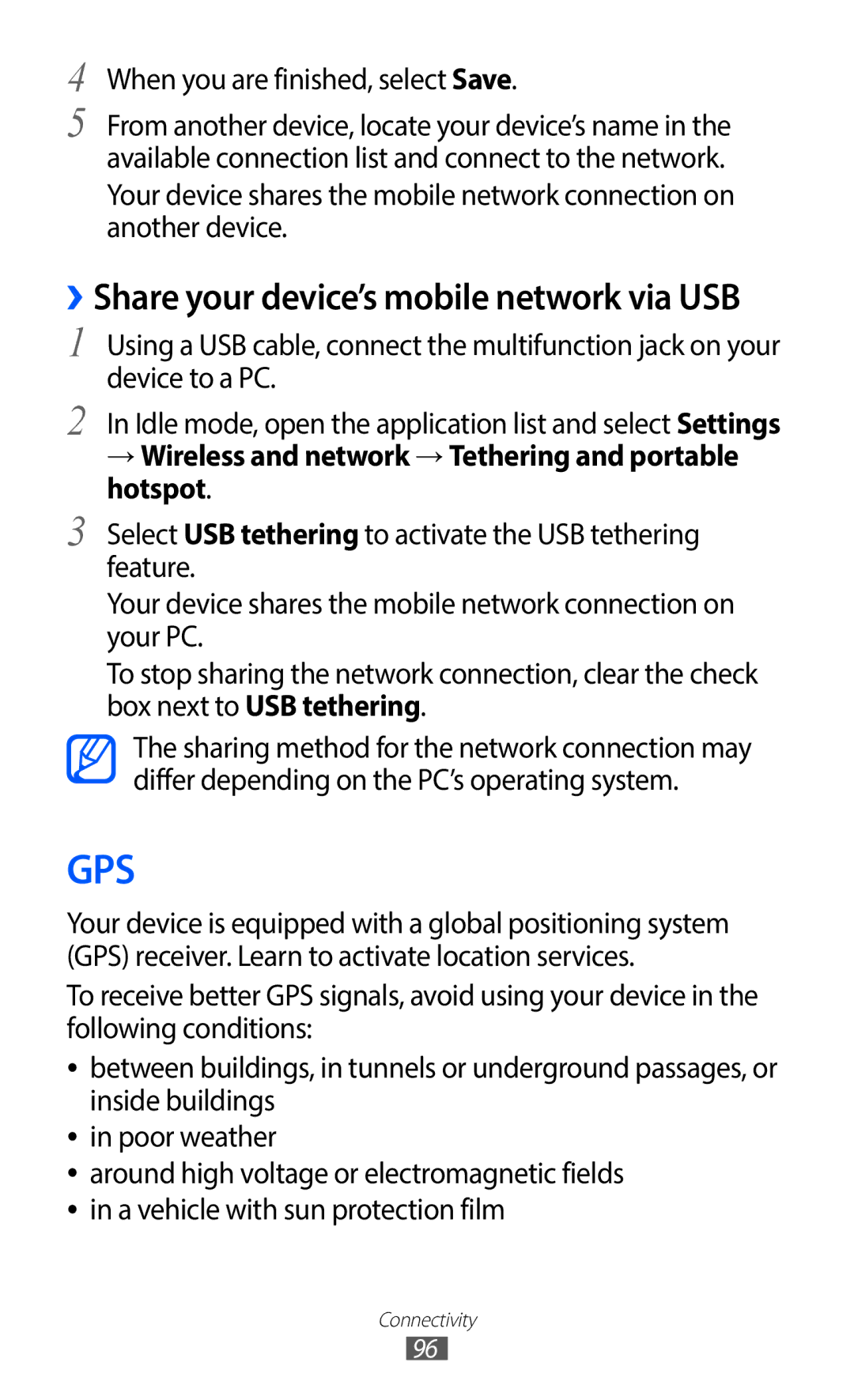 Samsung GT-S5690KOAORL, GT-S5690TAAVIA ››Share your device’s mobile network via USB, When you are finished, select Save 