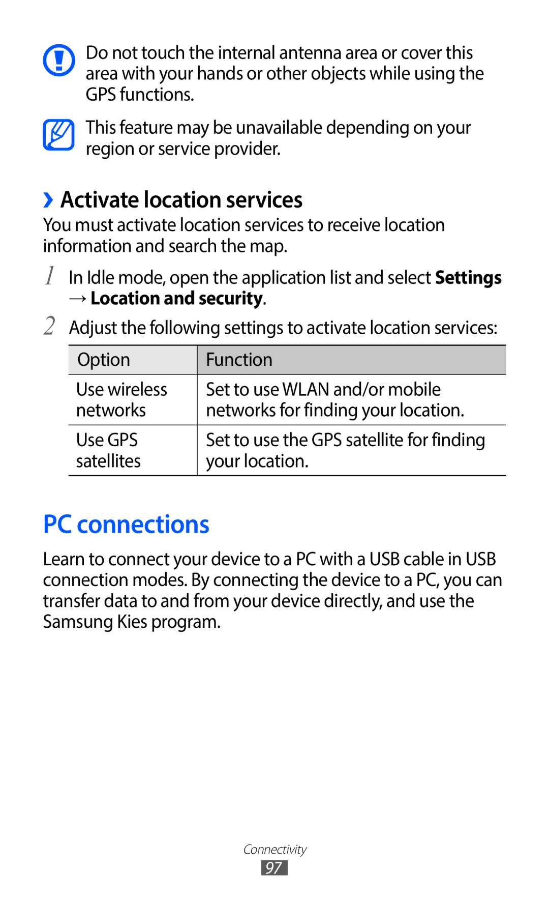 Samsung GT-S5690KOAAUT PC connections, ››Activate location services, → Location and security, Satellites Your location 