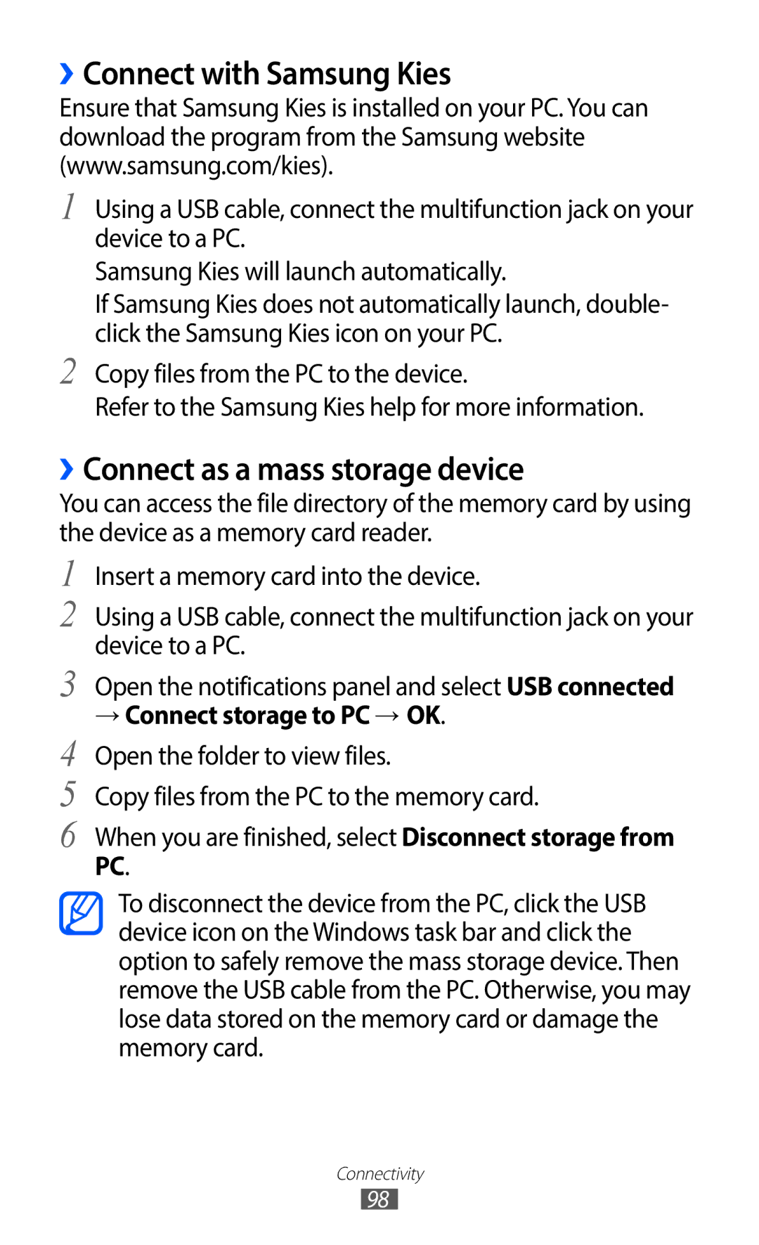 Samsung GT-S5690KOASER, GT-S5690TAAVIA, GT-S5690KOADBT manual ››Connect with Samsung Kies, ››Connect as a mass storage device 