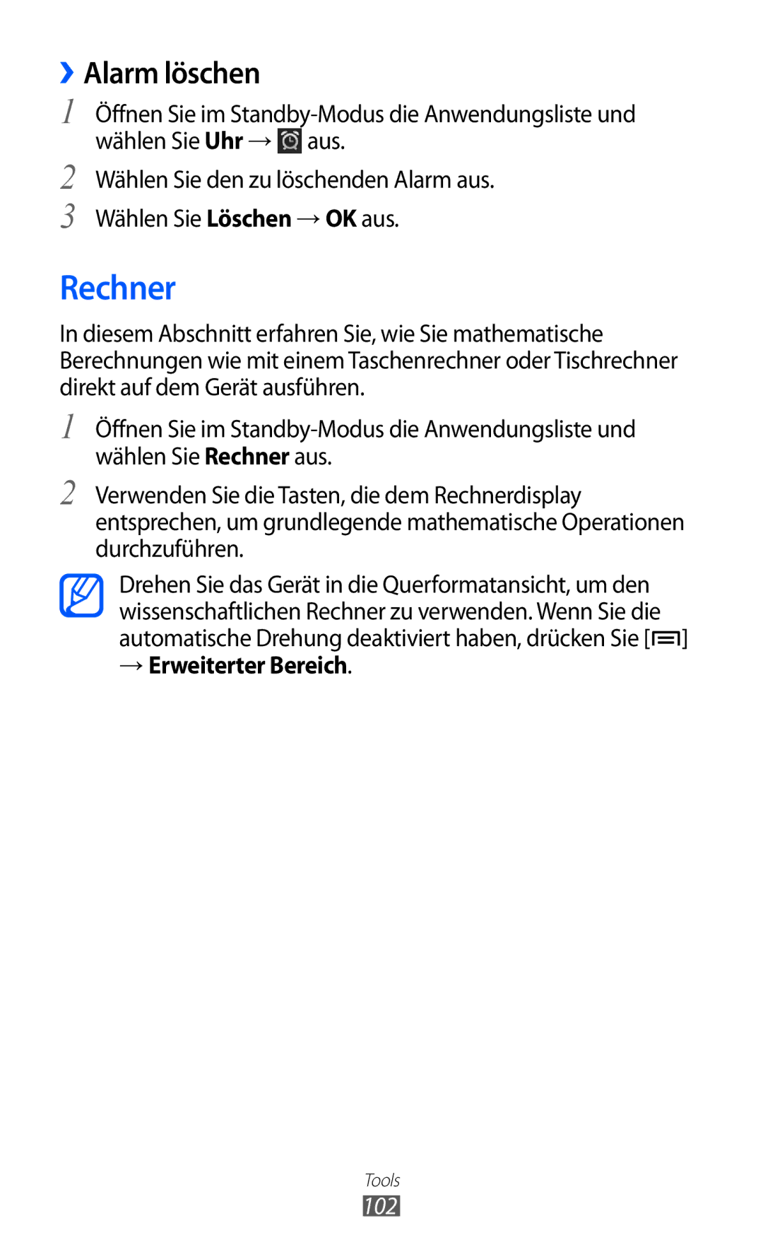 Samsung GT-S5690KOAATO, GT-S5690TAAVIA, GT-S5690KOADBT, GT-S5690TAADTM Rechner, ››Alarm löschen, → Erweiterter Bereich, 102 