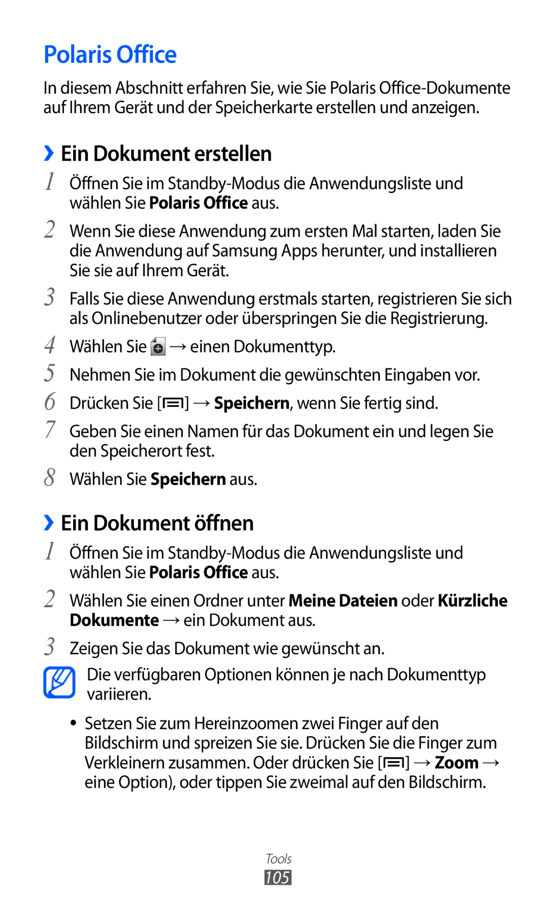 Samsung GT-S5690KOADBT Polaris Office, ››Ein Dokument erstellen, ››Ein Dokument öffnen, Wählen Sie → einen Dokumenttyp 