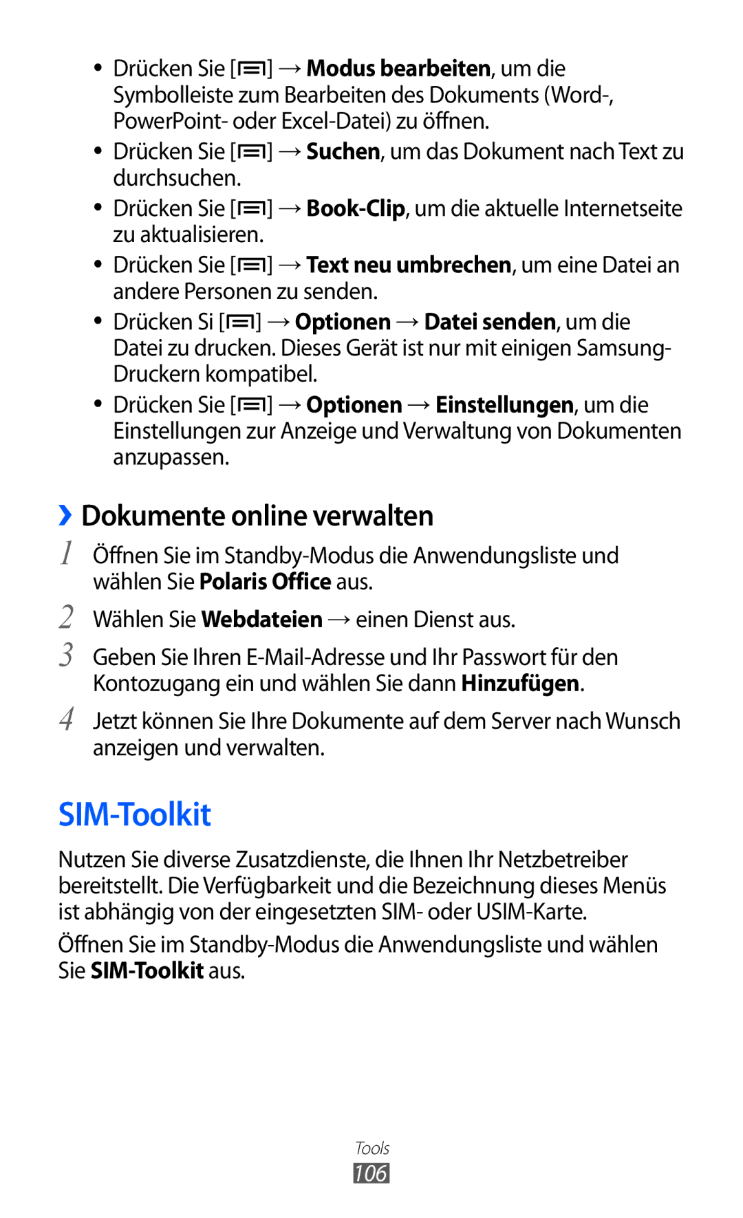 Samsung GT-S5690TAADTM manual SIM-Toolkit, ››Dokumente online verwalten, Wählen Sie Webdateien → einen Dienst aus, 106 